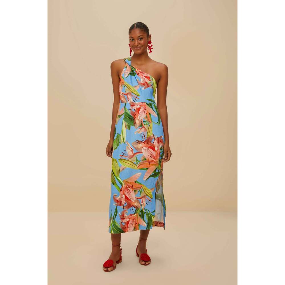 FARM Rio Blue Floral One-Shoulder Midi Linen Dress